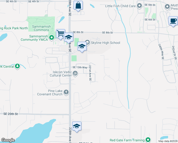 map of restaurants, bars, coffee shops, grocery stores, and more near 23019 Southeast 14th Street in Sammamish