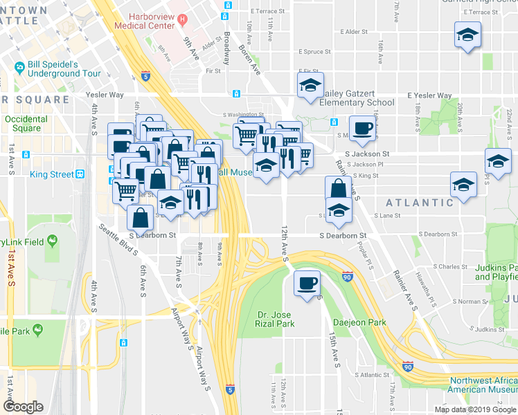 map of restaurants, bars, coffee shops, grocery stores, and more near 705 11th Avenue South in Seattle