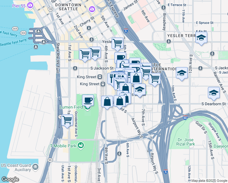 map of restaurants, bars, coffee shops, grocery stores, and more near 706 5th Avenue South in Seattle