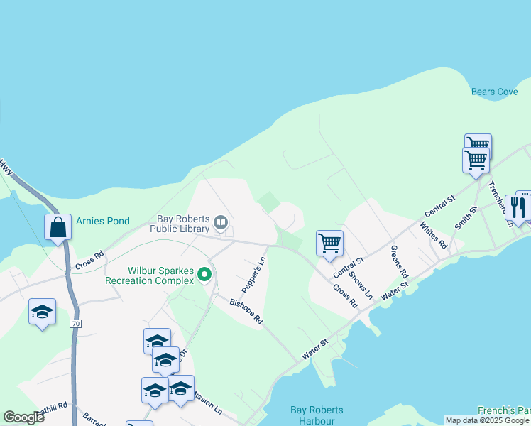 map of restaurants, bars, coffee shops, grocery stores, and more near 30 Playground Road in Bay Roberts