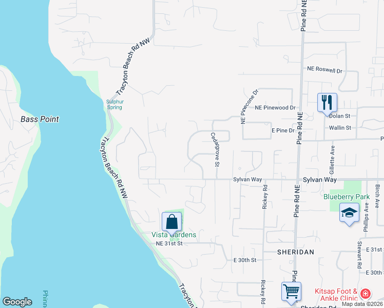map of restaurants, bars, coffee shops, grocery stores, and more near 203 Northeast Alnus Way in Bremerton