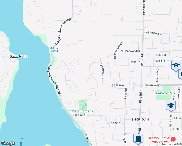 map of restaurants, bars, coffee shops, grocery stores, and more near 203 Northeast Alnus Way in Bremerton