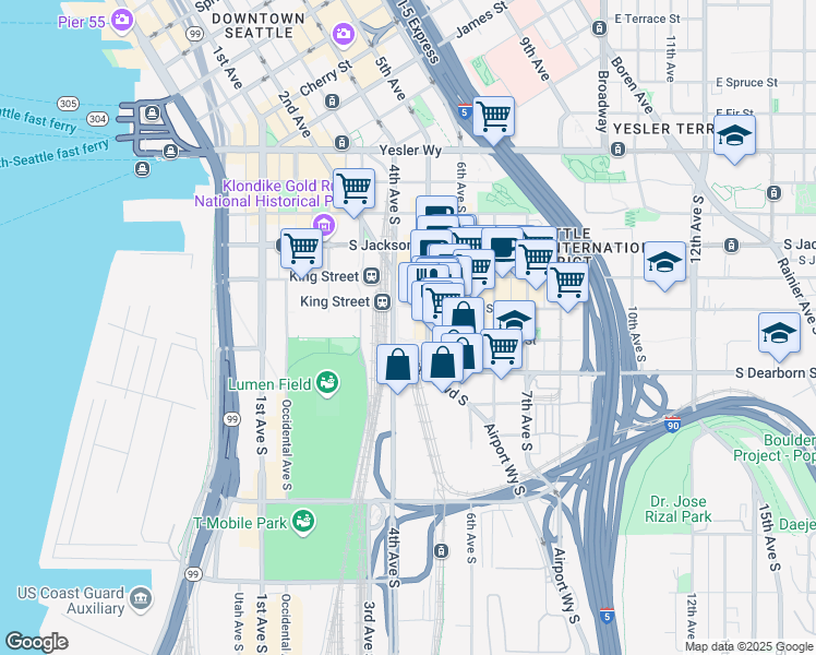 map of restaurants, bars, coffee shops, grocery stores, and more near 605 5th Avenue South in Seattle