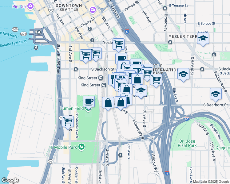 map of restaurants, bars, coffee shops, grocery stores, and more near 625 5th Avenue South in Seattle