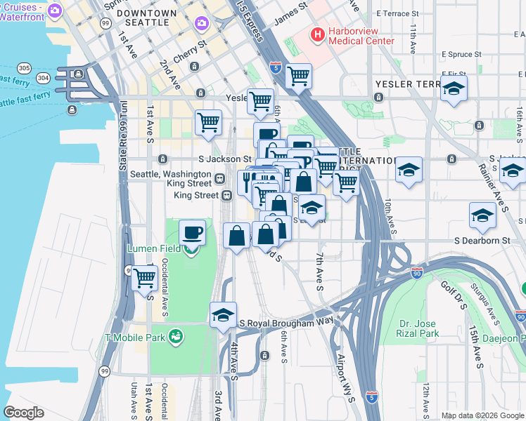 map of restaurants, bars, coffee shops, grocery stores, and more near 521 South Weller Street in Seattle