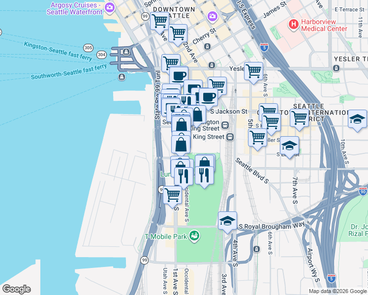 map of restaurants, bars, coffee shops, grocery stores, and more near 562 1st Avenue South in Seattle