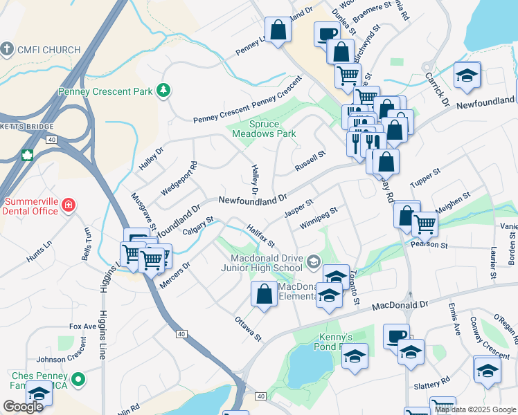 map of restaurants, bars, coffee shops, grocery stores, and more near 3 Banff Place in St. John's