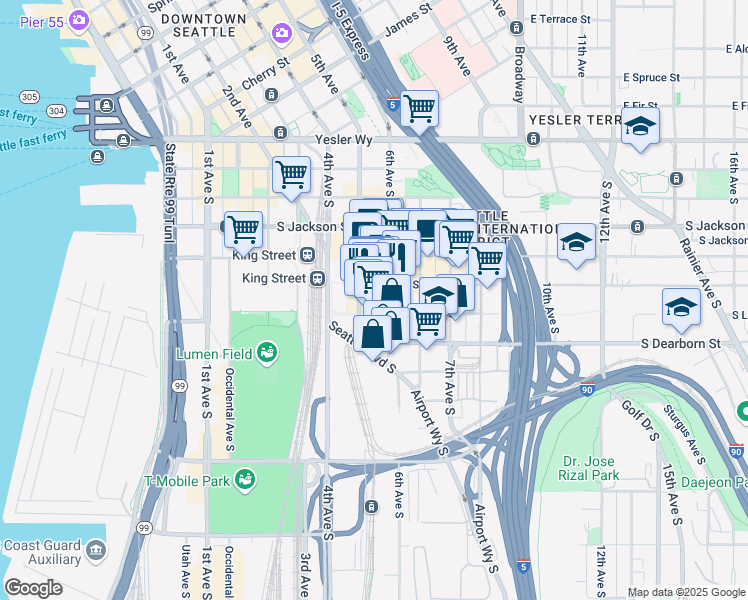 map of restaurants, bars, coffee shops, grocery stores, and more near 700 6th Avenue South in Seattle