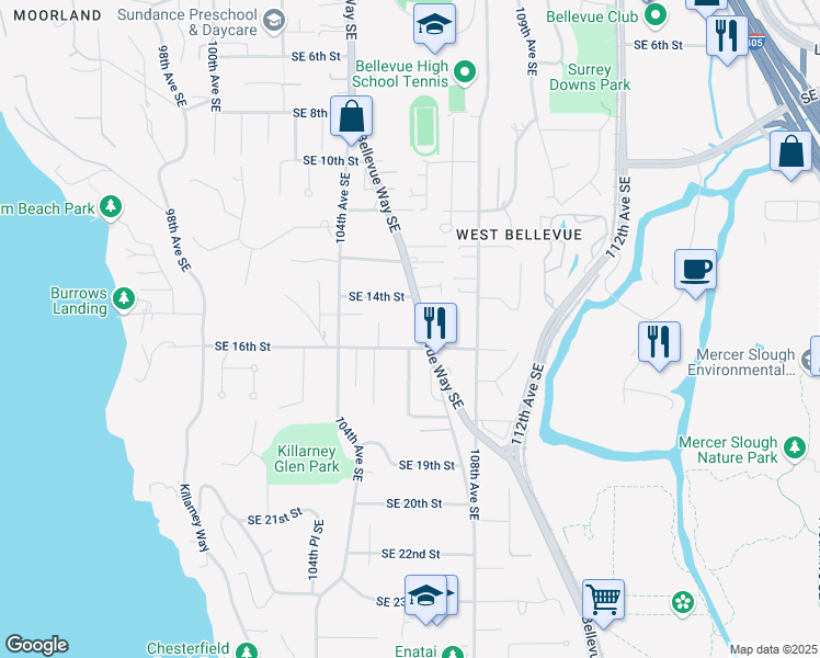 map of restaurants, bars, coffee shops, grocery stores, and more near 1435 Southeast 16th Street in Bellevue