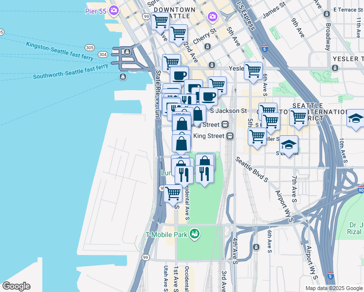 map of restaurants, bars, coffee shops, grocery stores, and more near 562 1st Avenue South in Seattle