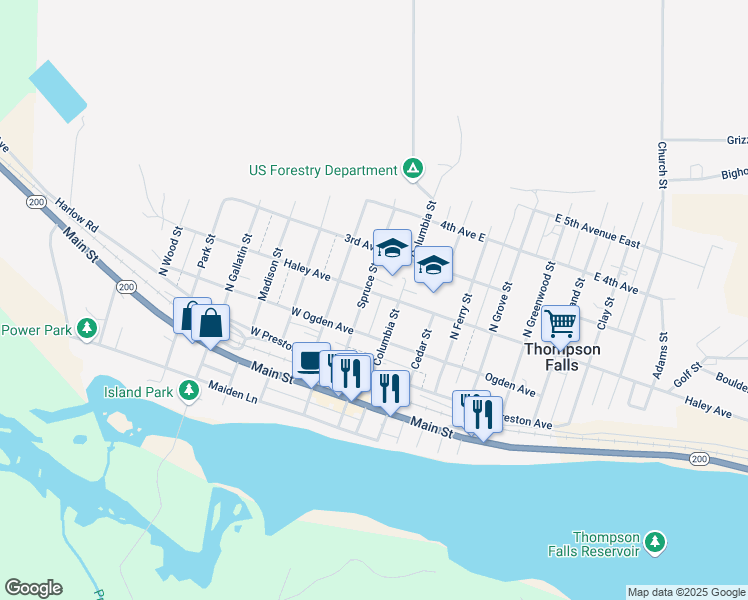 map of restaurants, bars, coffee shops, grocery stores, and more near 206 Spruce Street in Thompson Falls