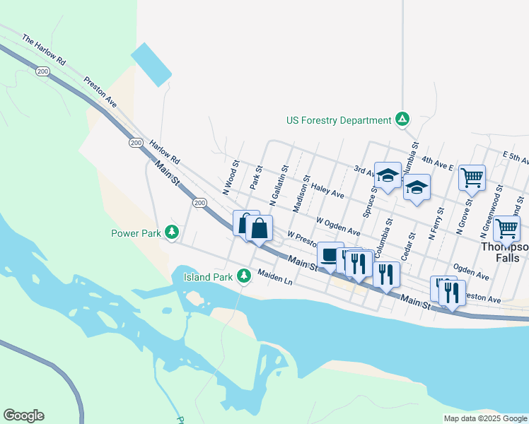 map of restaurants, bars, coffee shops, grocery stores, and more near 101 Madison Street in Thompson Falls