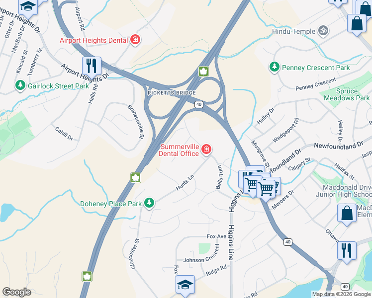 map of restaurants, bars, coffee shops, grocery stores, and more near 9 Gilmore Street in St. John's