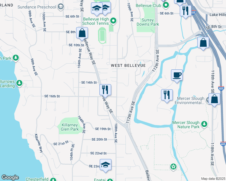 map of restaurants, bars, coffee shops, grocery stores, and more near 1614 Bellevue Way Southeast in Bellevue