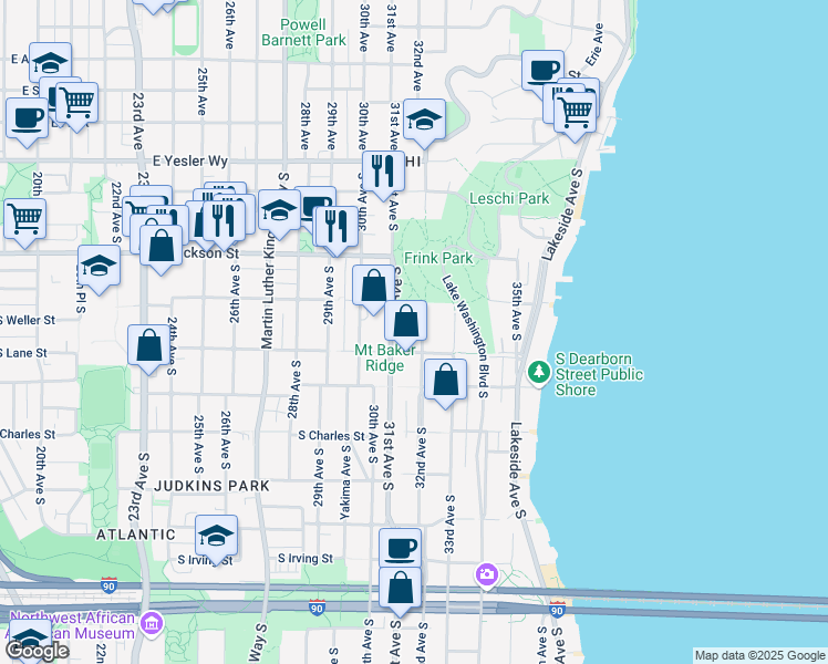 map of restaurants, bars, coffee shops, grocery stores, and more near 3115 South Lane Street in Seattle