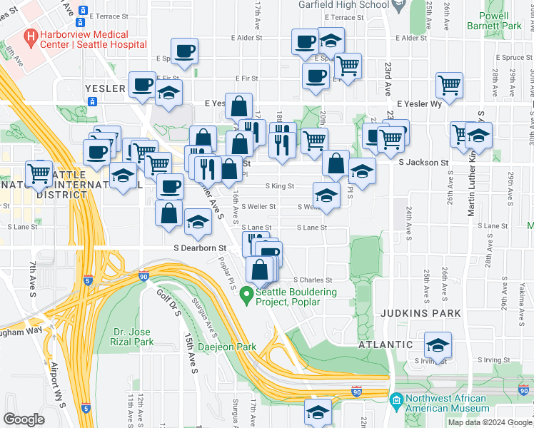 map of restaurants, bars, coffee shops, grocery stores, and more near 1647 South Lane Street in Seattle