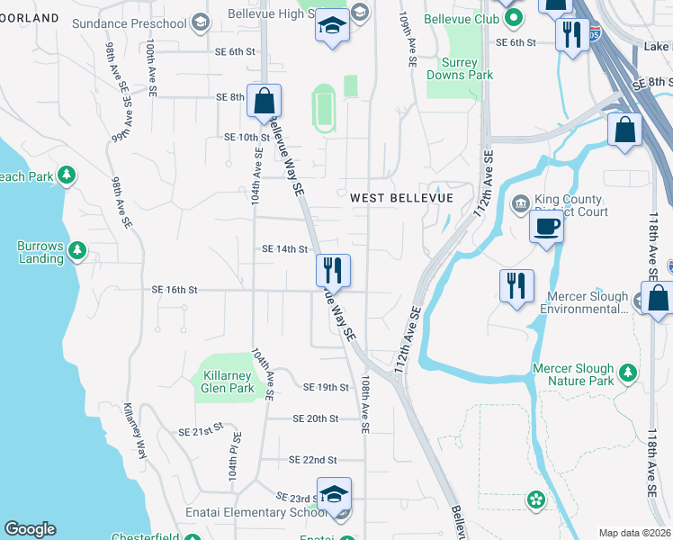 map of restaurants, bars, coffee shops, grocery stores, and more near 1420 Bellevue Way Southeast in Bellevue