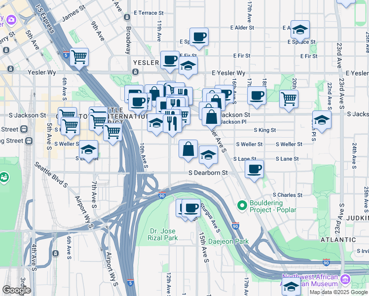 map of restaurants, bars, coffee shops, grocery stores, and more near 1222 South Weller Street in Seattle