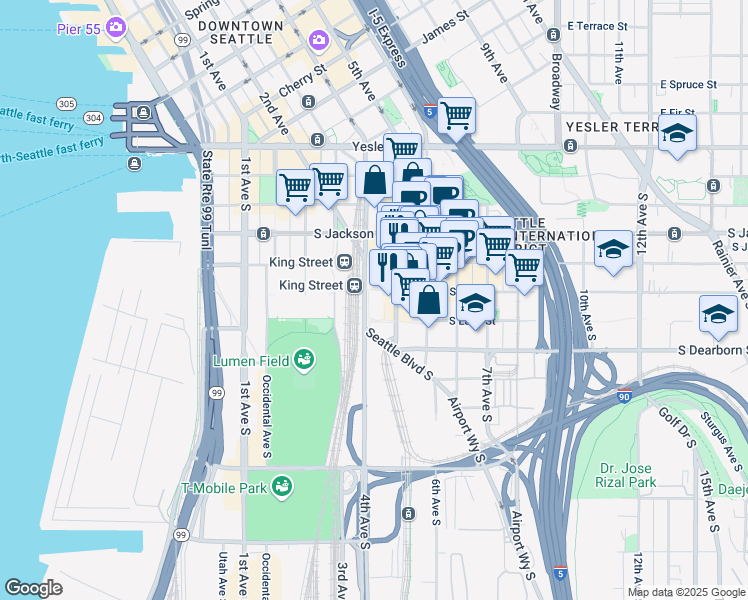 map of restaurants, bars, coffee shops, grocery stores, and more near 605 5th Avenue South in Seattle