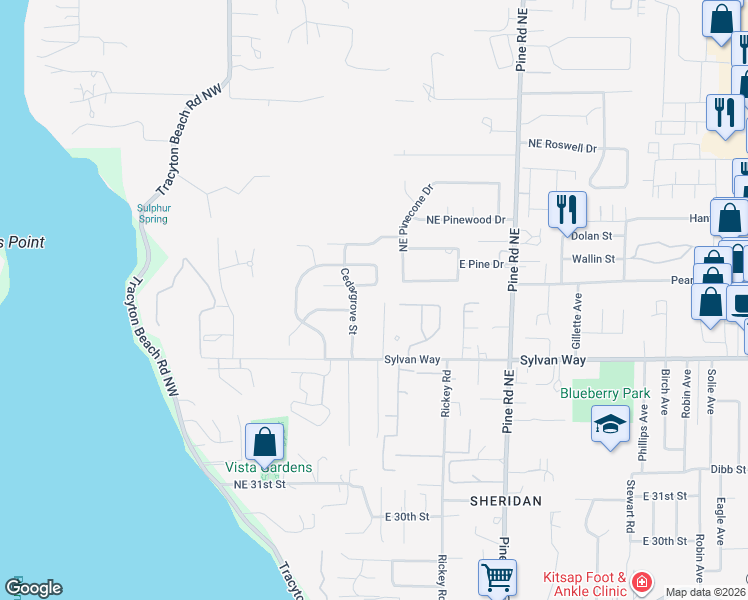 map of restaurants, bars, coffee shops, grocery stores, and more near 3575 Courtyard Lane in Bremerton