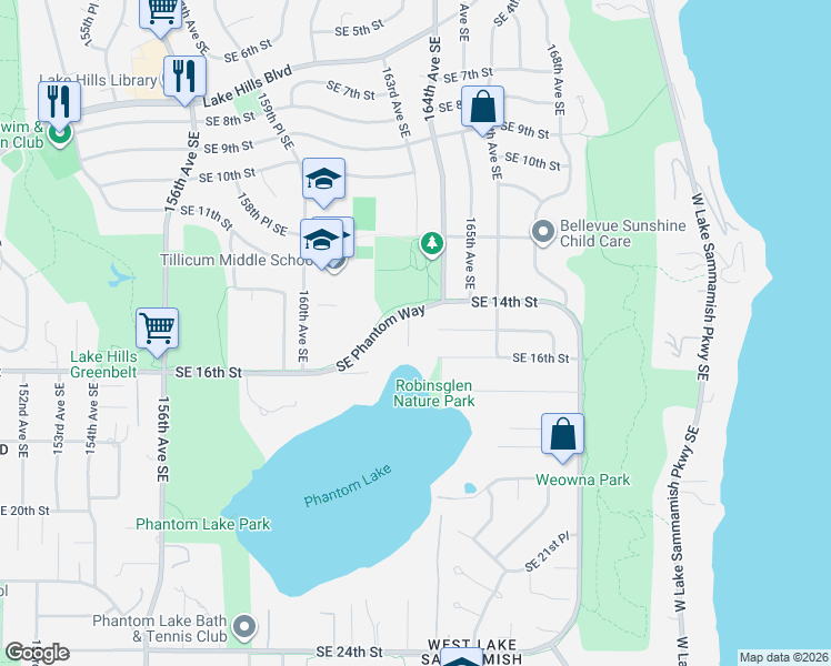 map of restaurants, bars, coffee shops, grocery stores, and more near 16305 Southeast Phantom Way in Bellevue