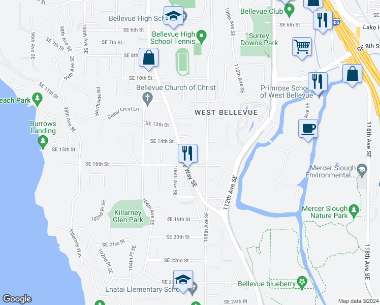 map of restaurants, bars, coffee shops, grocery stores, and more near 1322 Bellevue Way Southeast in Bellevue
