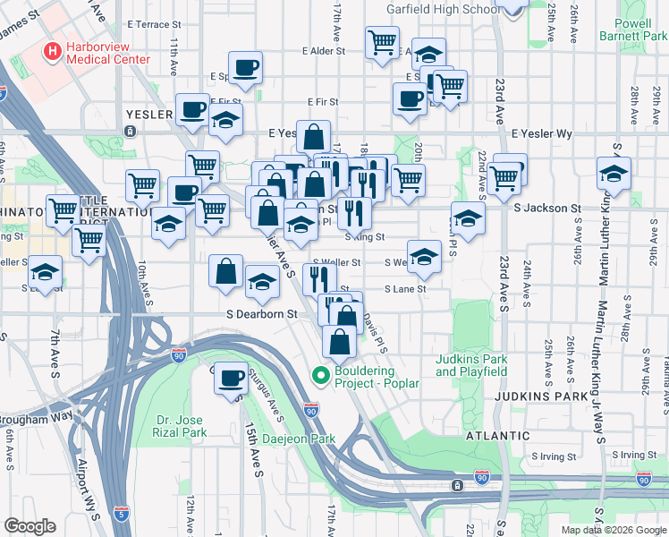map of restaurants, bars, coffee shops, grocery stores, and more near 1635 South King Street in Seattle