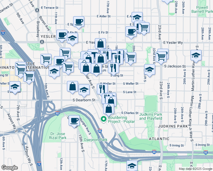 map of restaurants, bars, coffee shops, grocery stores, and more near 1635 South King Street in Seattle