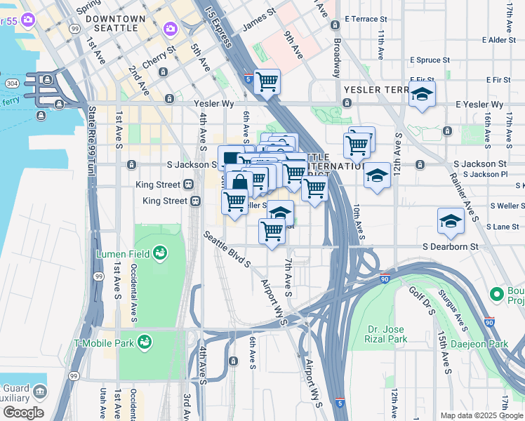 map of restaurants, bars, coffee shops, grocery stores, and more near 510b Maynard Avenue South in Seattle