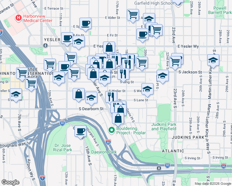 map of restaurants, bars, coffee shops, grocery stores, and more near 1635 South King Street in Seattle