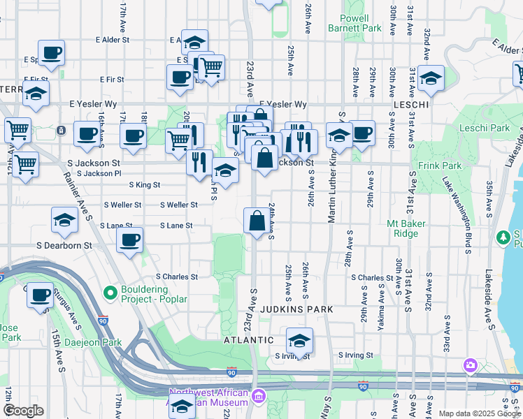 map of restaurants, bars, coffee shops, grocery stores, and more near 2310 South Lane Street in Seattle