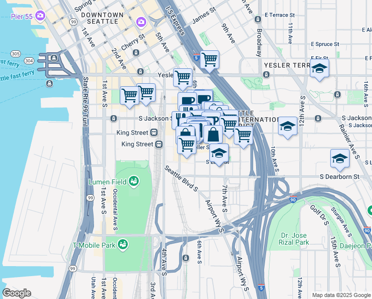 map of restaurants, bars, coffee shops, grocery stores, and more near 519 6th Avenue South in Seattle