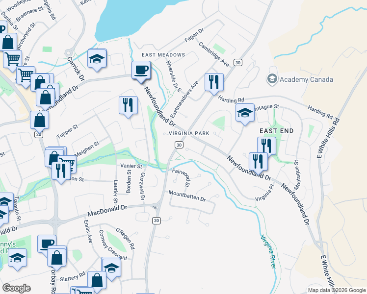 map of restaurants, bars, coffee shops, grocery stores, and more near 78 Virginia Place in St. John's