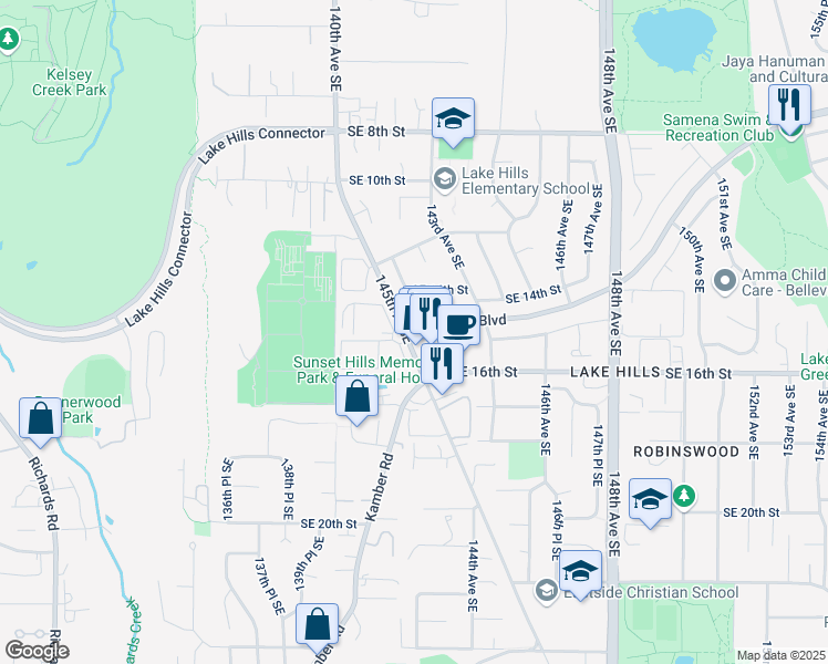 map of restaurants, bars, coffee shops, grocery stores, and more near 1349 145th Place Southeast in Bellevue