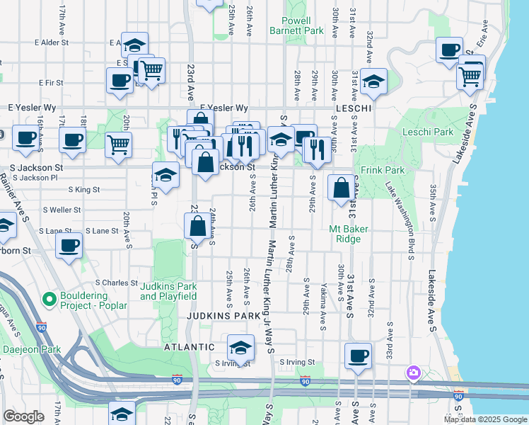 map of restaurants, bars, coffee shops, grocery stores, and more near 2615 South King Street in Seattle