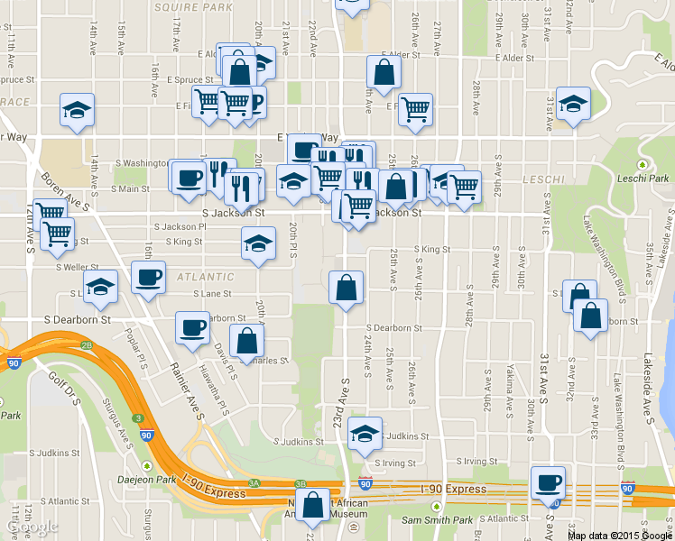 map of restaurants, bars, coffee shops, grocery stores, and more near 425 23rd Avenue South in Seattle