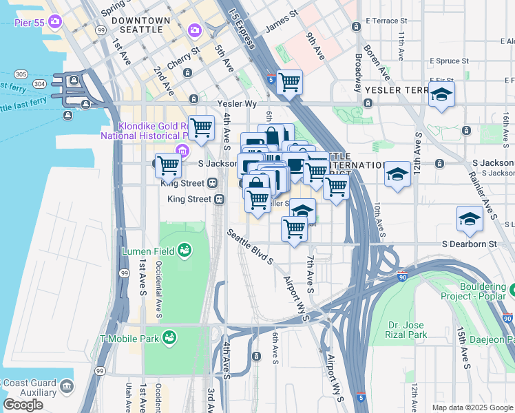 map of restaurants, bars, coffee shops, grocery stores, and more near 519 6th Avenue South in Seattle