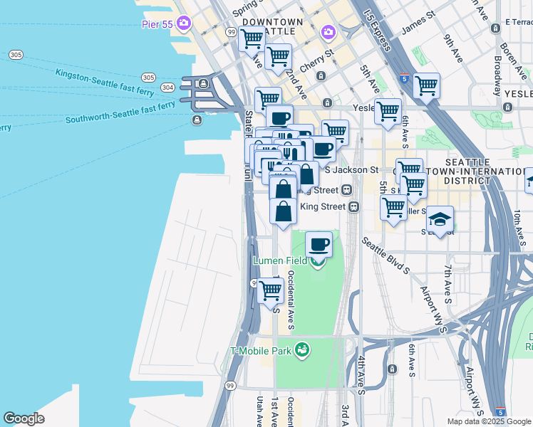 map of restaurants, bars, coffee shops, grocery stores, and more near 505 1st Avenue South in Seattle