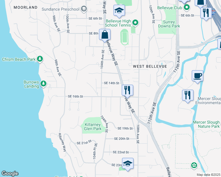map of restaurants, bars, coffee shops, grocery stores, and more near 10422 Southeast 14th Street in Bellevue
