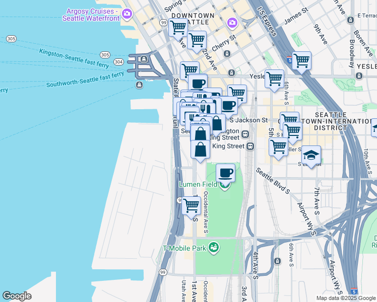 map of restaurants, bars, coffee shops, grocery stores, and more near 505 1st Avenue South in Seattle
