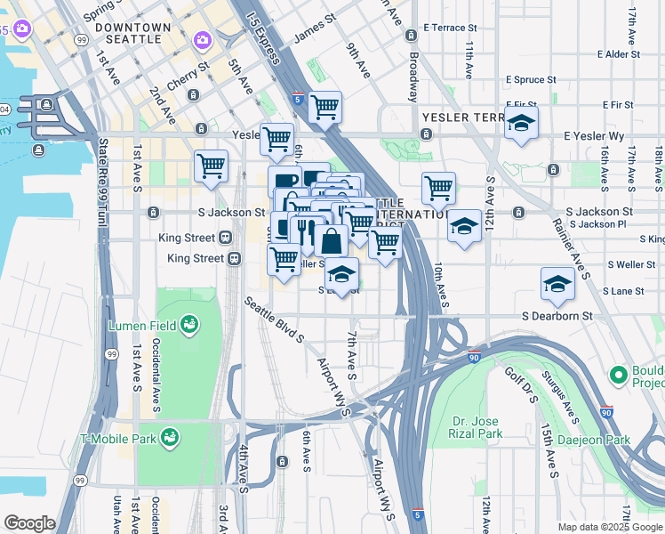 map of restaurants, bars, coffee shops, grocery stores, and more near 657 South Weller Street in Seattle