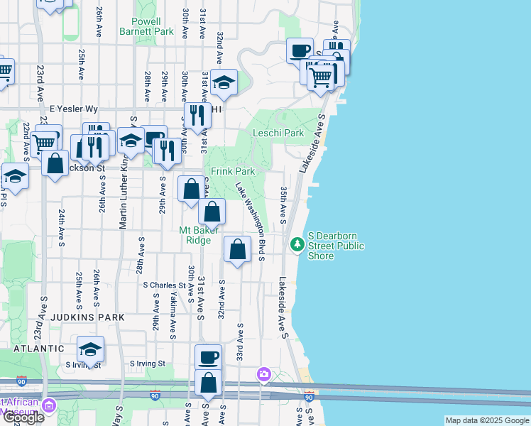 map of restaurants, bars, coffee shops, grocery stores, and more near 502 34th Avenue South in Seattle