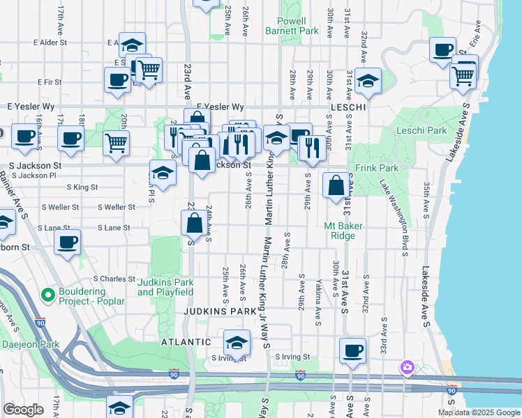 map of restaurants, bars, coffee shops, grocery stores, and more near 2615 South King Street in Seattle