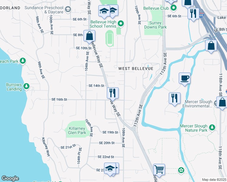 map of restaurants, bars, coffee shops, grocery stores, and more near 1420 Bellevue Way Southeast in Bellevue