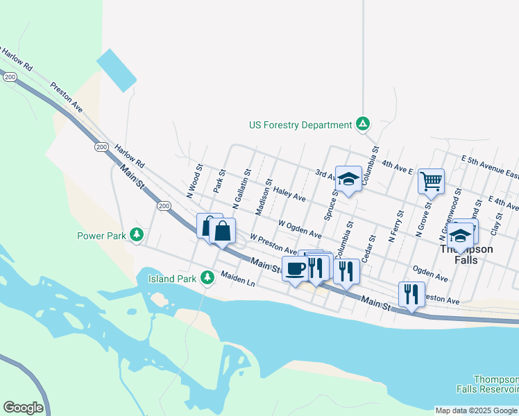 map of restaurants, bars, coffee shops, grocery stores, and more near 221 North Madison Street in Thompson Falls