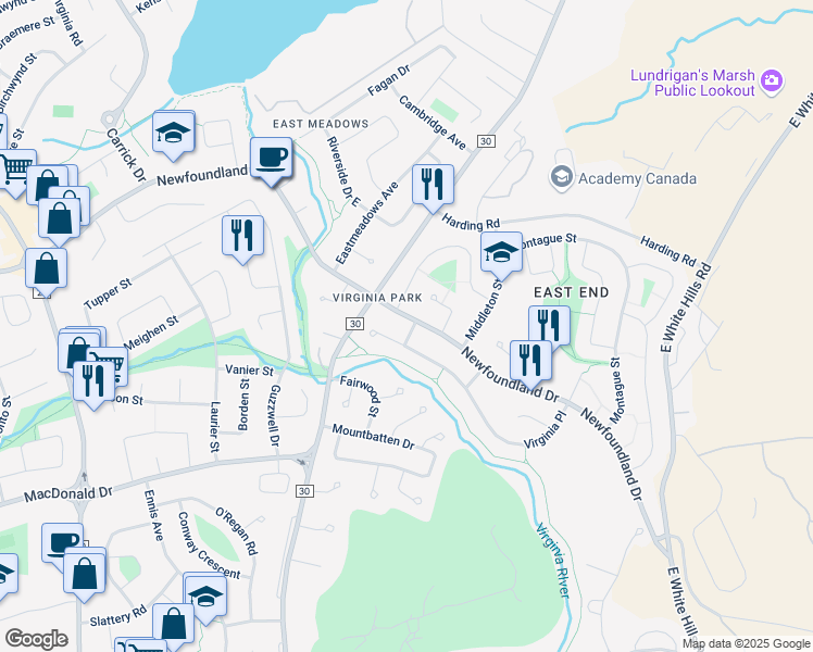 map of restaurants, bars, coffee shops, grocery stores, and more near 2 McGregor Street in St. John's
