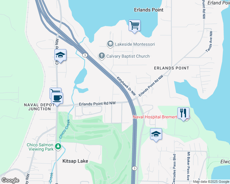 map of restaurants, bars, coffee shops, grocery stores, and more near 3762 Dyes Inlet Road Northwest in Bremerton