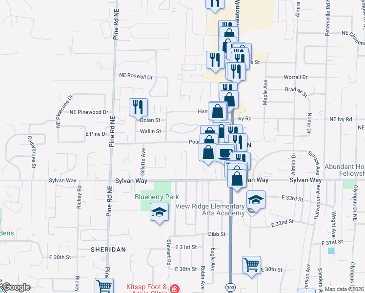 map of restaurants, bars, coffee shops, grocery stores, and more near 912 Pearl Street in Bremerton