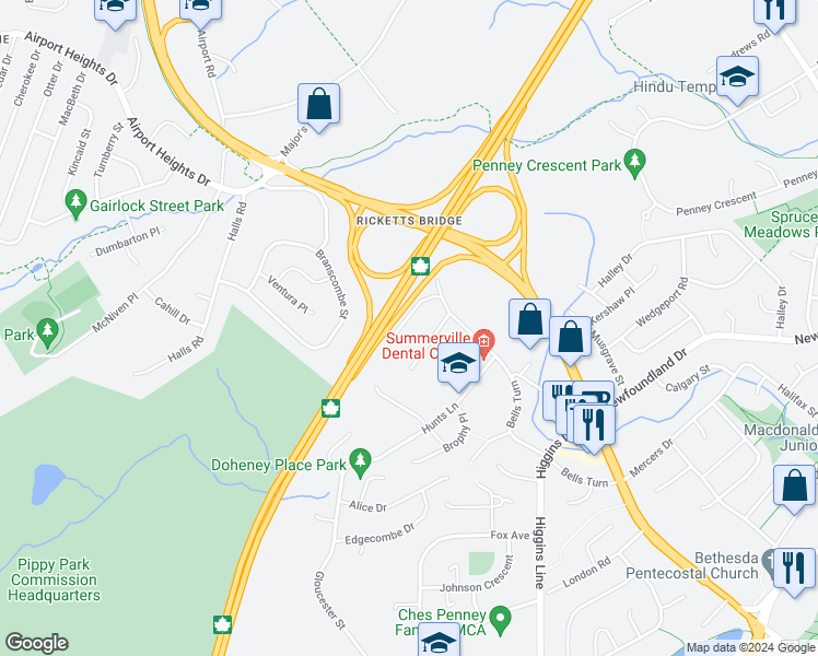 map of restaurants, bars, coffee shops, grocery stores, and more near 27 Aylwards Lane in St. John's