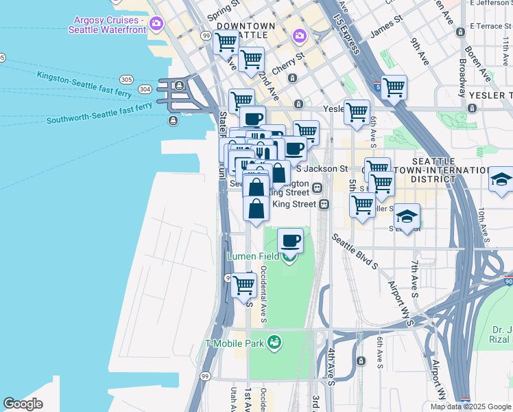 map of restaurants, bars, coffee shops, grocery stores, and more near 512 1st Avenue South in Seattle